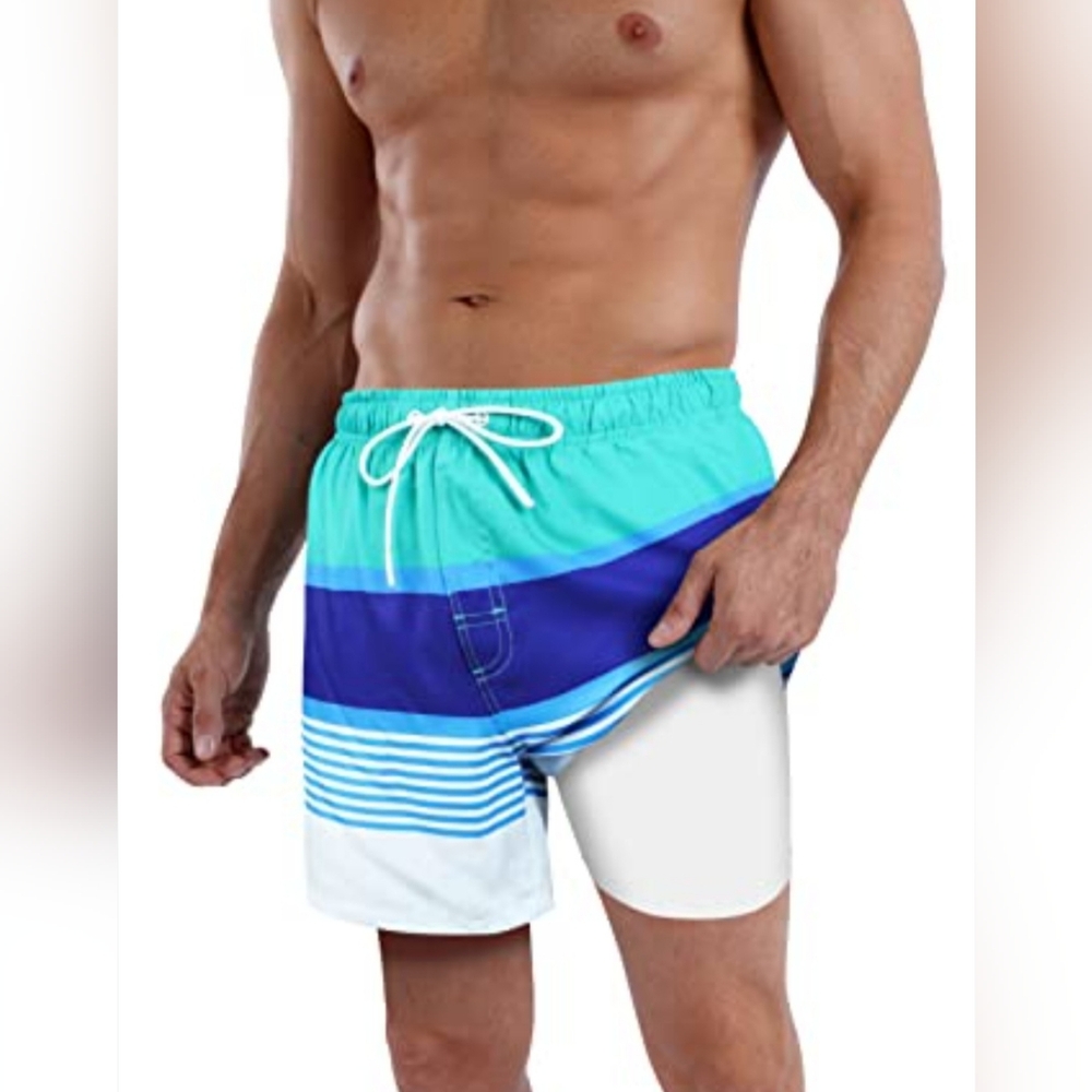 Men's Teal and Blue White Strip Swim Shorts QRANSS S:XXL